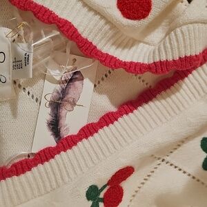 Jessica Simpson cream pink scallop trim cherry embroidery diamond print cardigan